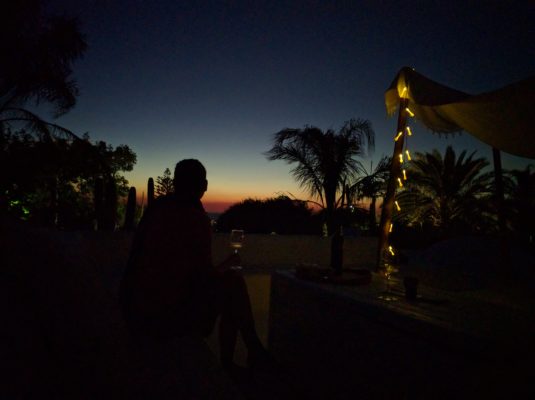 Sunset view from the roof of the cafe/lounge in the garden on our last evening