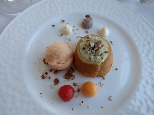 Pistachio Charlotte (like a cake) with canteloupe gelato