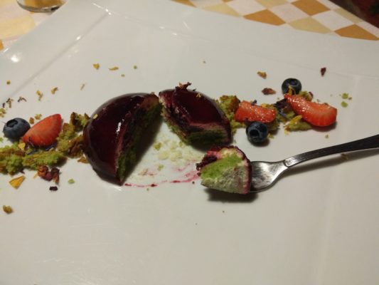 My dessert - a pistachio cake with a mixed berry jam on top