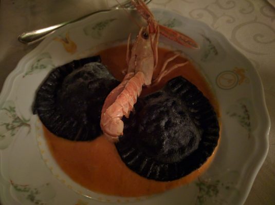 We shared a pasta dish of squid ink ravioli stuffed with prawn and lobster meat