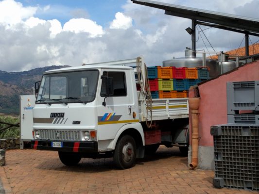 This truck drove in from the vineyards with those plastic crates full of just-picked grapes