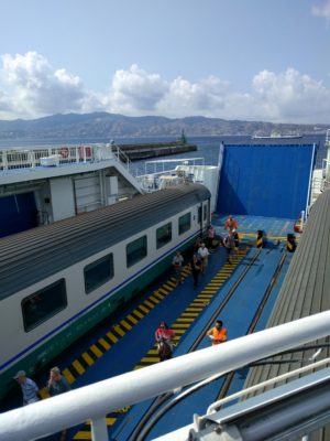 Our train loaded on a ferry, ready to sail to Sicily