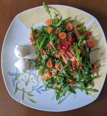 lunch - arugula salad with tuna, carrots, red bell pepper, and some local version of mozzarella on the side