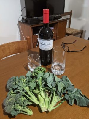 we bought this broccoli in our little village for 50 cents, best broccoli of my life, presumably fresh from the farm - wine bottle for scale - Chad noted "this would have cost 6 dollars at our local farmers market in Atlanta"