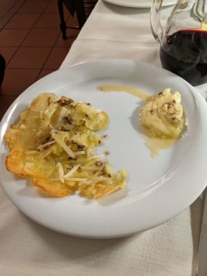 homemade chips with cheese and truffles, melted cheese with honey and walnuts