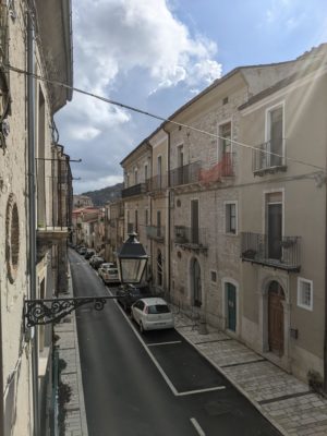 view from our apartment down the main street towards the churches