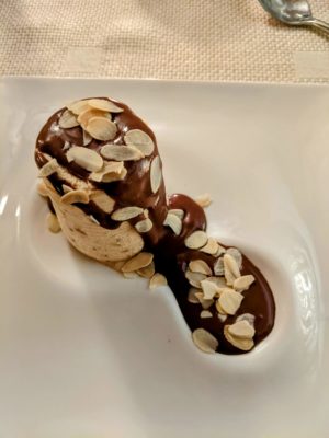 Chad's dessert - semi-freddo with chocolate sauce and almonds