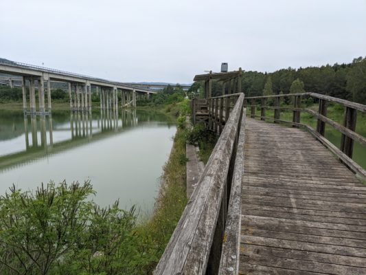 the pedestrian boardwalk with the national highway bridge to the left