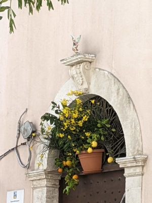 festival decorations above a door