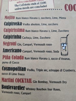 notice the variations on the Caipirinha on the drinks menu