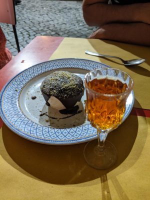 dessert - semi-freddo gelato with chocolate sauce and pistachios